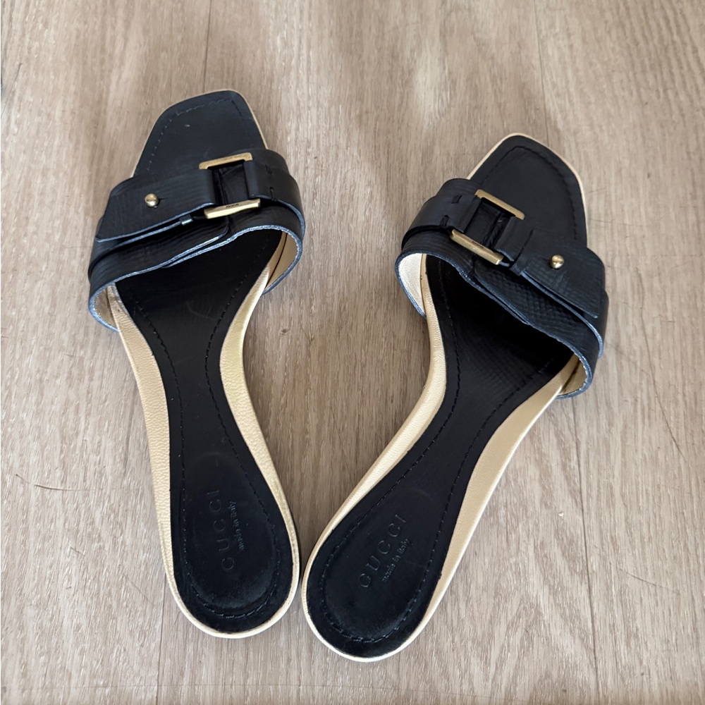 Gucci Black Leather Buckle Slide Sandals Square Toe Heel EU 37 - Picture 2 of 7